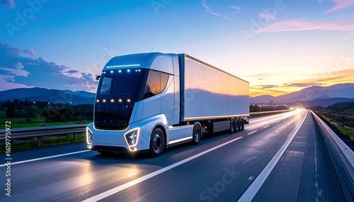 Futuristic electric truck on highway at sunset