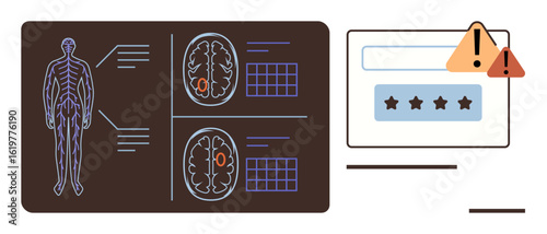 Human body diagram and brain scan diagnostics alongside a secure input form with warning alerts. Ideal for healthcare, technology, medical data, security, diagnosis, neuroscience, flat design