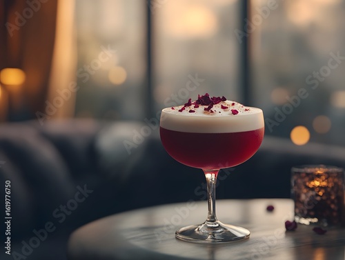 Velvet Berry Cocktail in a Coupe Glass with Rose Petal Garnish