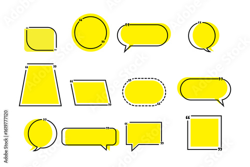 Quote box frame set, Texting quote boxes. Yellow speech bubbles isolated vector set.  Speech bubble sign and symbol, Vector illustration. Yellow speech bubbles.