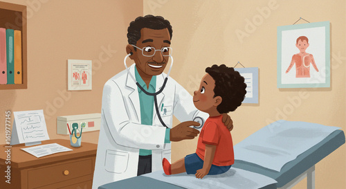Friendly pediatrician giving a medical checkup to a young boy in a clinic. Illustrated healthcare and medicine concept.