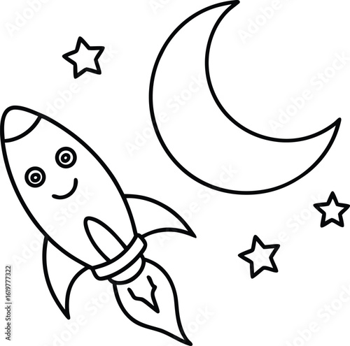 Cartoon rocket with moon and stars isolated on white background for coloring book