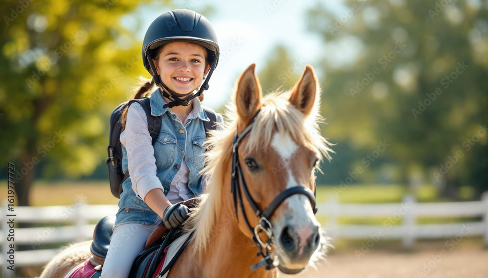 Obraz premium Young girl happily rides a gentle pony in a sunny riding lesson. 