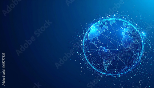 A digital representation of Earth, depicted with glowing lines and points, symbolizing connectivity and technology against a dark blue background