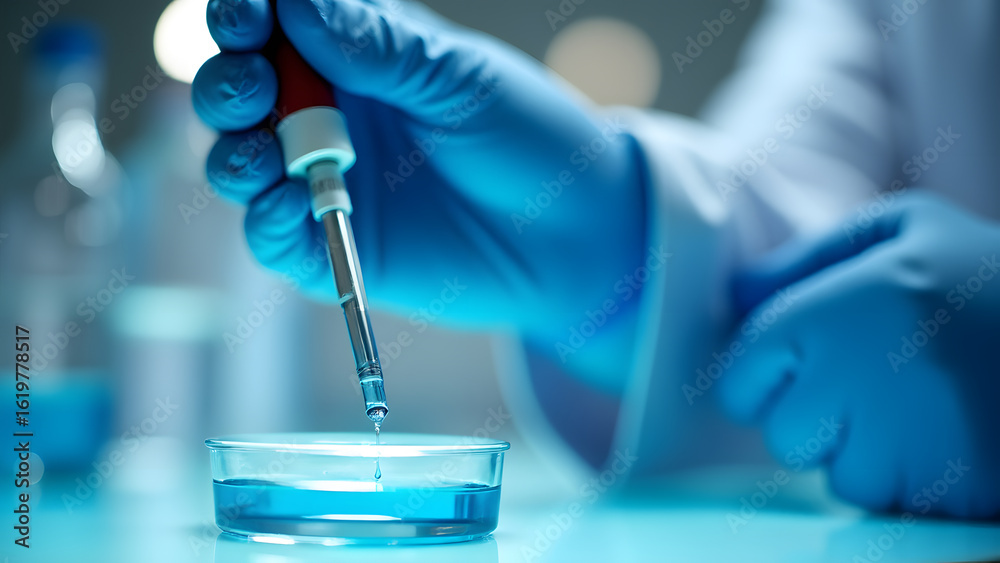 Fototapeta premium Precision Lab Work – Pipetting Blue Liquid into Petri Dish in Modern Laboratory