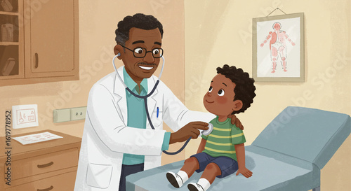 Illustration of a kind Black pediatrician examining a young boy with a stethoscope during a friendly medical checkup.