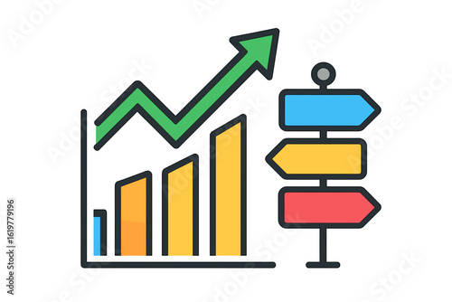 Graph showing growth with colorful directional signs on side business direction graph