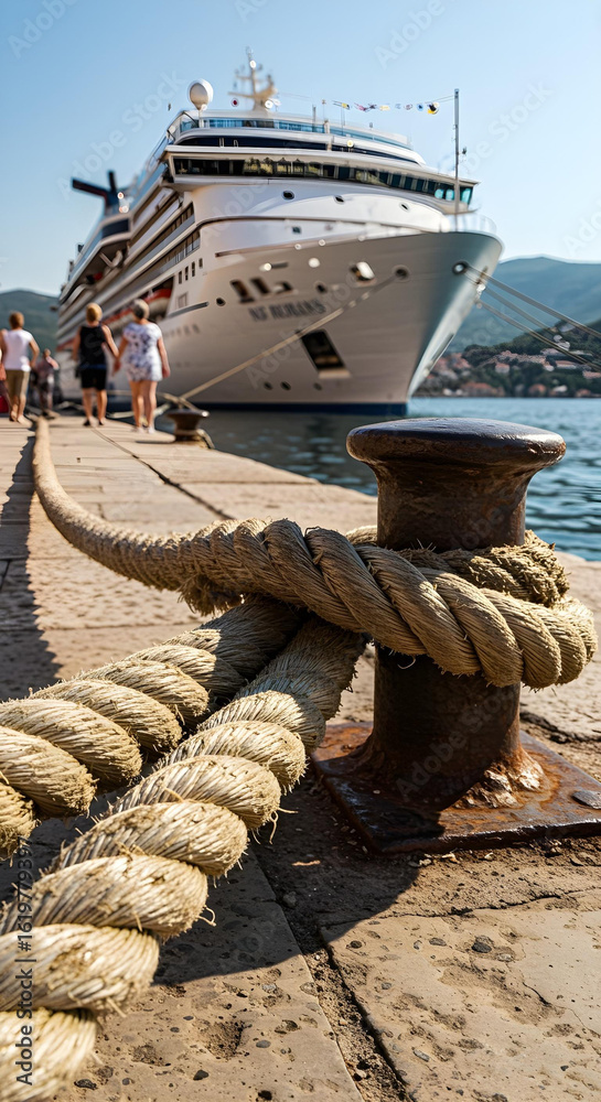 Fototapeta premium Close-up of weathered mooring rope on bollard with blurred cruise ship and harbor background.