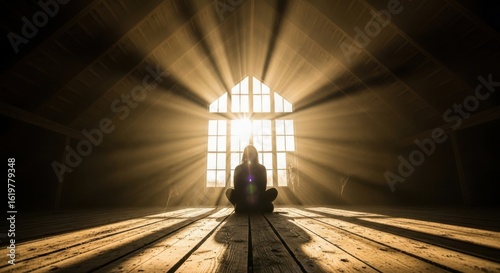 Person meditating in sunlight rays coming through window