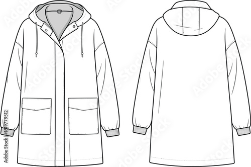 Front and back cad drawing of hooded parka coat, flat vector fashion sketch, technical outerwear template, coat illustration for design
