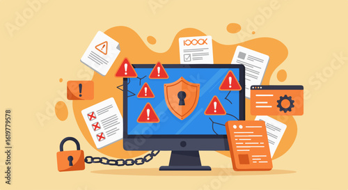 Illustration depicting computer security, data breaches, and information protection.