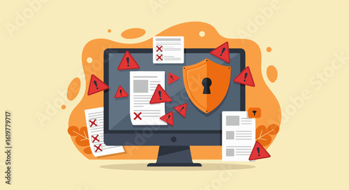 Computer screen displaying security shield and error symbols, with documents scattered around, indicating a potential data breach or security issue.