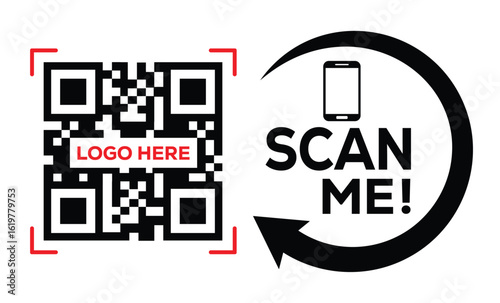 Scan QR code icon. Digital scanning qr code. QR code scan for smartphone. Scan Here text on top of the qr code