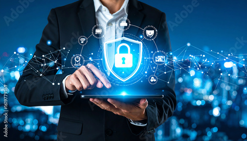 A businessman interacts with a digital interface showcasing cybersecurity icons, emphasizing protection and technology in a modern urban setting