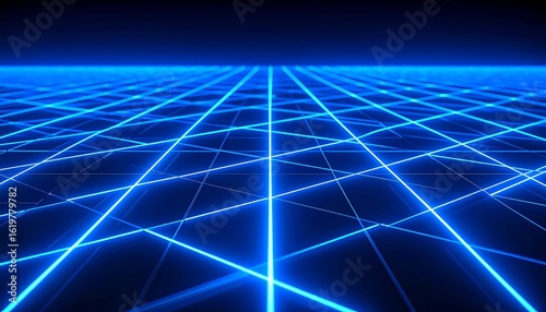 Glowing blue grid lines recede to a dark horizon, creating a sense of depth and perspective