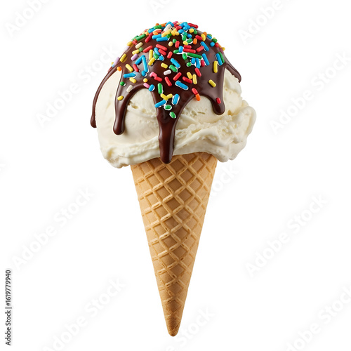 Vanilla ice cream cone with chocolate sauce and colorful sprinkles isolated on a transparent background png, cut out, clipping path, social media, Advertisement, high quality, HD photo, close up.