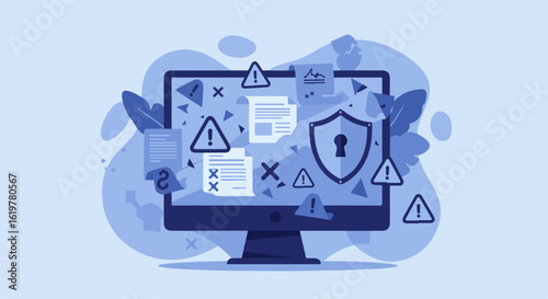 A computer monitor displaying digital documents surrounded by warning signs and a security shield, symbolizing cybersecurity threats and protection.
