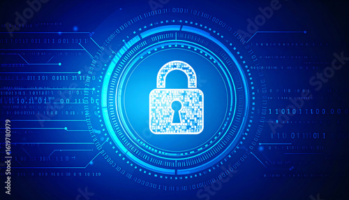 Digital lock graphic symbolizing cybersecurity, surrounded by binary code and intricate patterns, illustrating modern technology and data protection