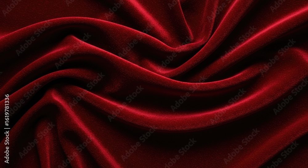 Obraz premium Red velvet cloth featuring gentle ripples and smooth curves, offering a rich, elegant texture perfect for luxury fashion or wallpaper design. High-definition red fabric with soft, flowing folds. 
