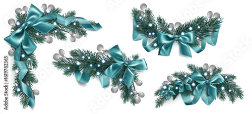 Christmas garland compositions with turquoise silk bows decorating pine tree branches - corner, horizontal swag and ornamental arrangements with blue led lights for holiday decoration designs.