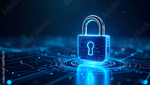 A glowing digital padlock symbolizes cybersecurity and data protection, set against a futuristic background with abstract connections