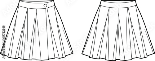 Pleated skirt flat sketch, front and back view, fashion cad drawing, waistband detail, technical vector illustration, clothing design template
