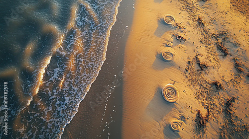 Aerial view of mysterious sand formations on a golden beach with soft waves approaching shore at sunset, creating abstract coastal textures and tranquil natural beauty
