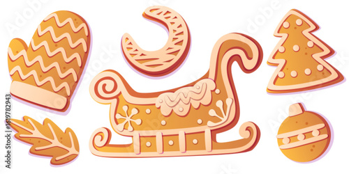 Gingerbread cookies set - decorated ginger sleigh with icing patterns, mitten, crescent moon, Christmas tree, holly leaf and ball ornament. Holiday sweet baking treats for winter festive season.