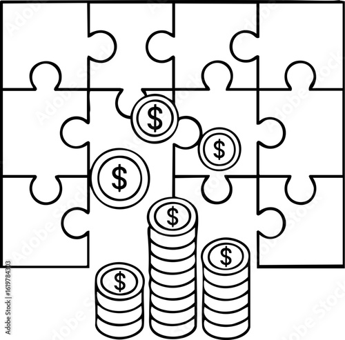 Money income cashflow strategy concept with puzzle pieces and stacked coins illustration
