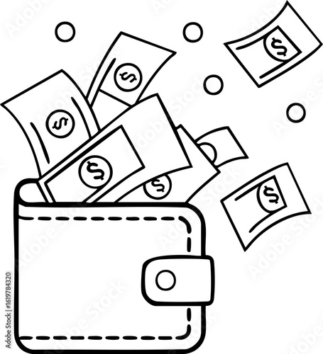 Money income and cashflow strategy shown with wallet and flying banknotes in simple line art