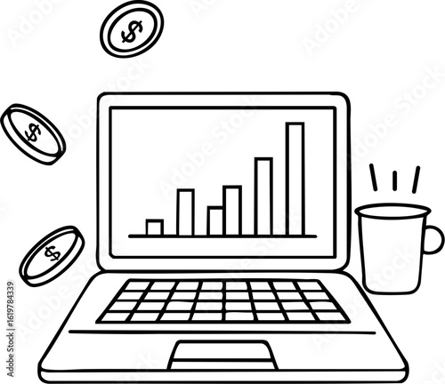 Money income and cashflow strategy shown on laptop with coins and coffee cup illustration