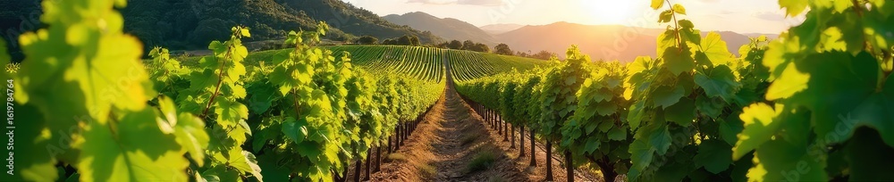 Fototapeta premium Rows of lush green grapevines stretch across a sun-drenched hillside, ready for harvest The perfect image for wine country, vineyard tours, and winemaking promotions , vine, cultivation