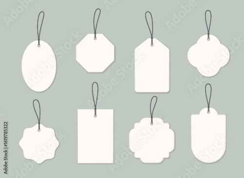 White blank price tag set with black string loops - retail discount labels in various shapes, decorative frames for store merchandise pricing, sales promotion or gift labeling. Product branding mockup