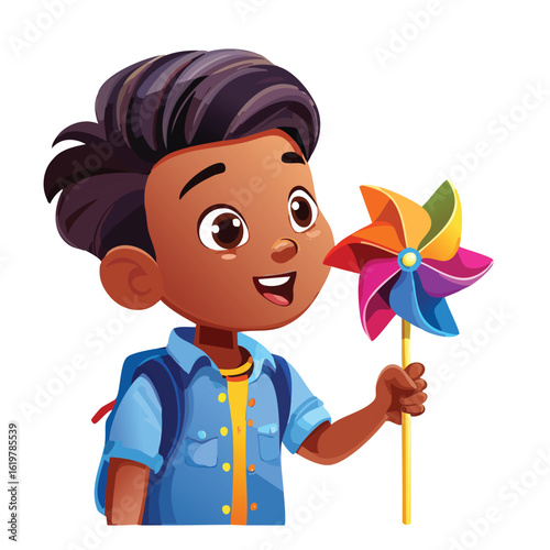 Cartoon illustration of a cheerful young boy holding a colorful pinwheel against a clean white background.