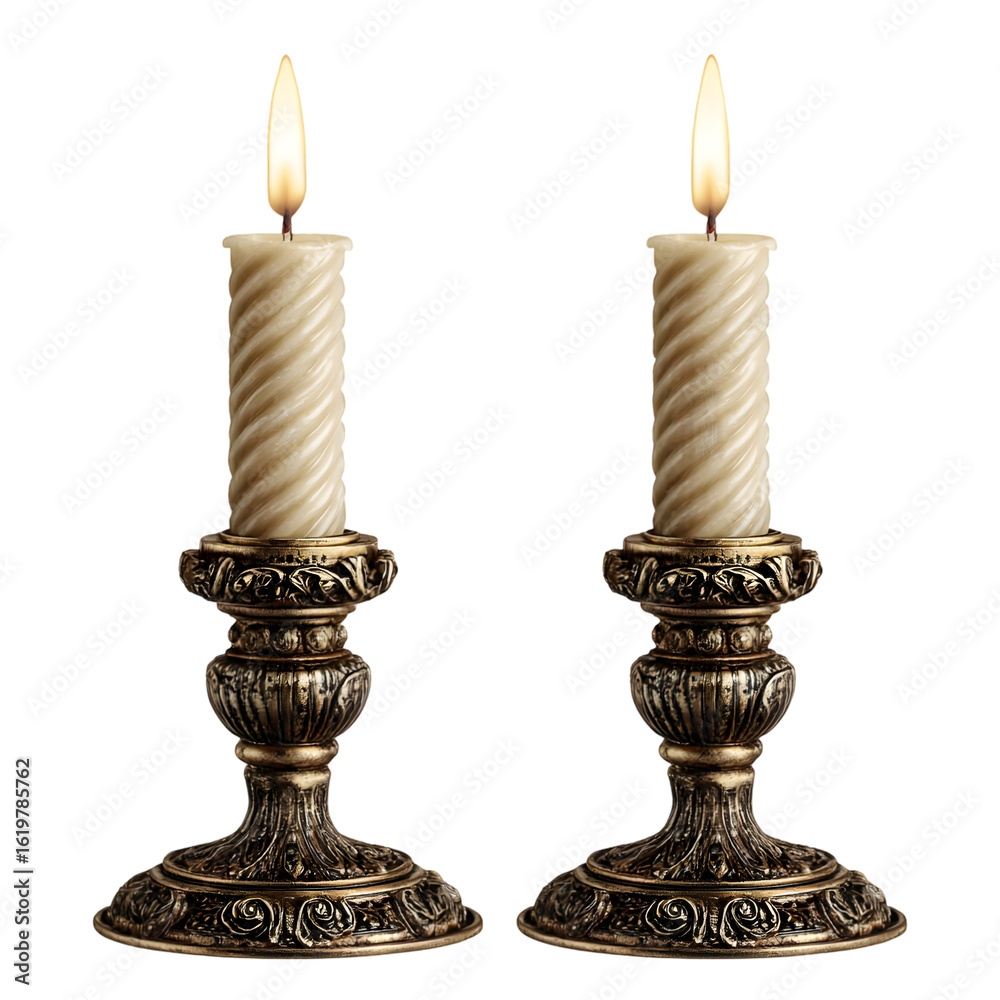 Ornate candle holders with lit candles. Ornate candle holders with lit candles.