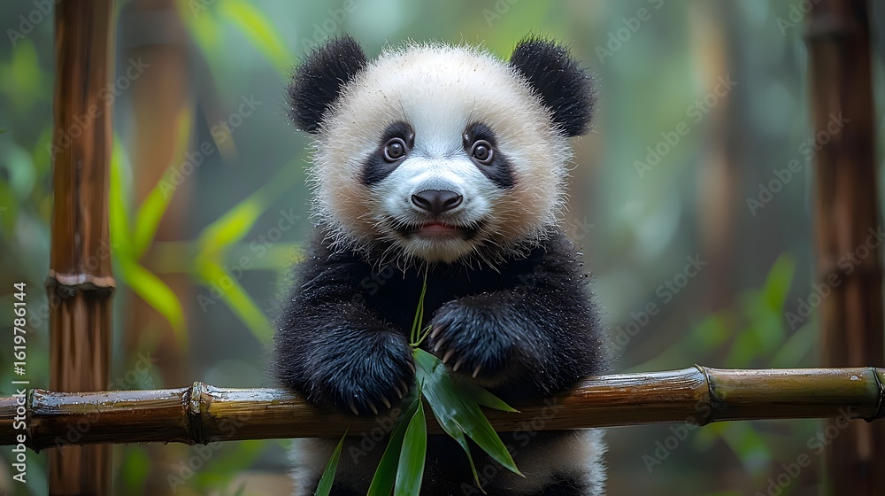 Obraz premium Adorable baby panda hugging bamboo branch