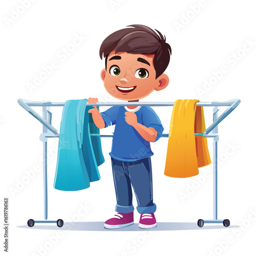 Cartoon boy hanging colorful clothes on a drying rack