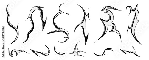 Tribal y2k metal tattoo designs with sharp gothic elements for body art and decorative graphics. Abstract black flame patterns with edgy aesthetic style. Modern metalcore vector illustrations.