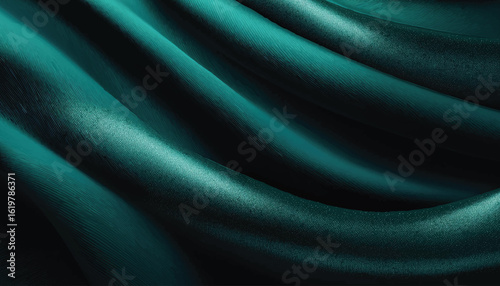 Green drapery silk fabric luxury background. Wavy abstract satin cloth vector texture pattern. Smooth shiny drape material curtain. Elegant velvet curve motion image realistic horizontal design.