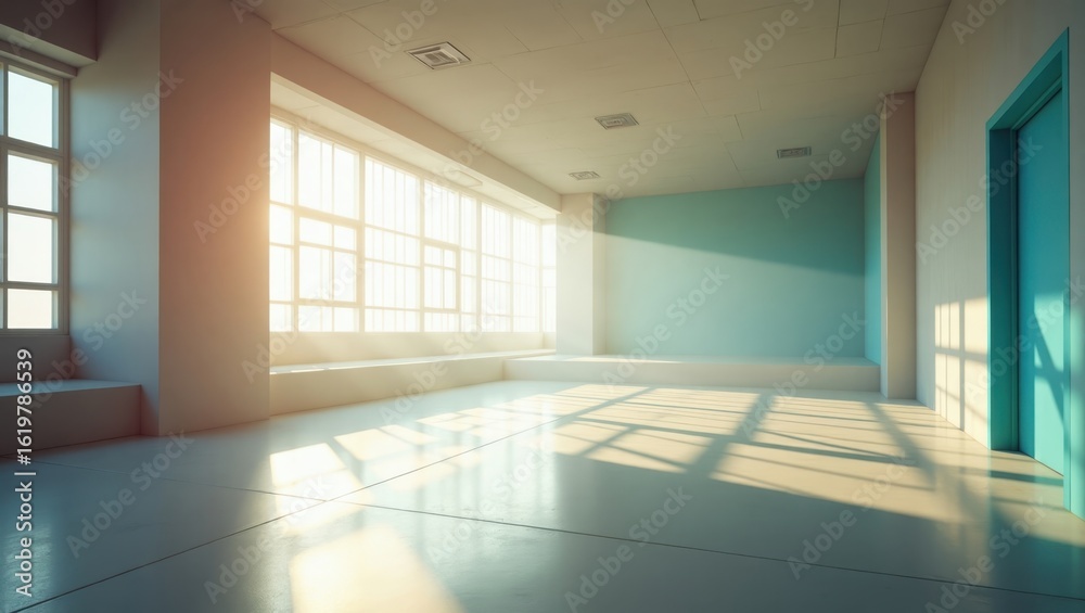 Fototapeta premium Sunlit interior hallway with large windows and teal walls.