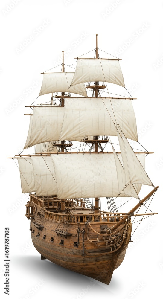 Naklejka premium 3D rendering of a pirate vessel featuring white sails, displayed on a plain white background without shadows, gradients, or reflections. 