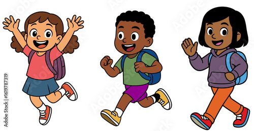 Back to school cartoon illustrations with Playful illustration of school kids in motion, dressed in bright clothes and carrying bags
