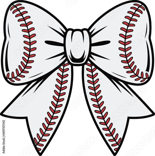 Cute Baseball Fan Bow with Red Stitching Vector Illustration, Transparent Background.