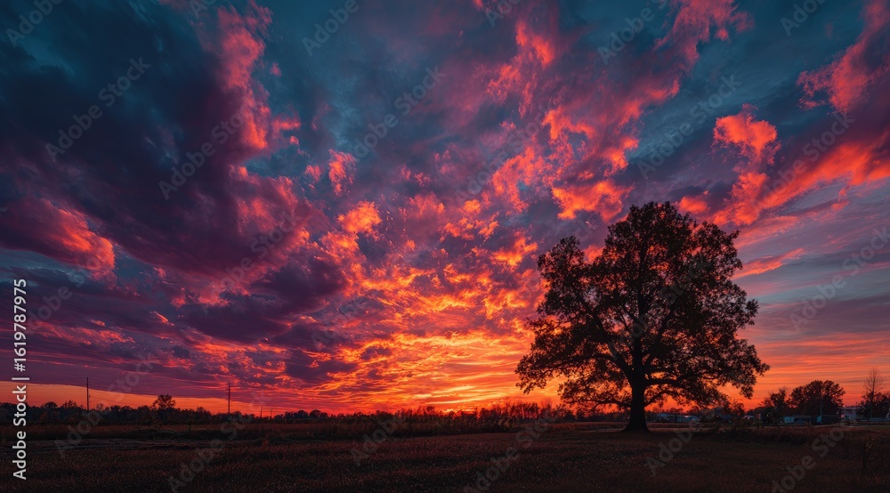 Fototapeta premium Fiery sunset colors paint the sky above a solitary tree in a field