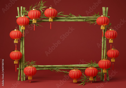 Red lanterns hanging on bamboo frame for Mid-Autumn Festival  