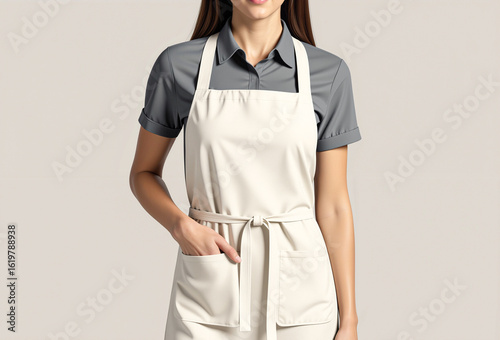 Young woman wearing an apron over a white shirt smiling and posing confidently in a casual studio setting. Mockup apron.