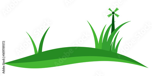Green grass blades and windmill on dark background nature
