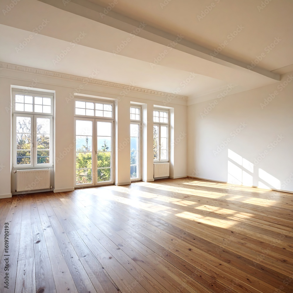 Fototapeta premium Empty room with hardwood floors and large windows