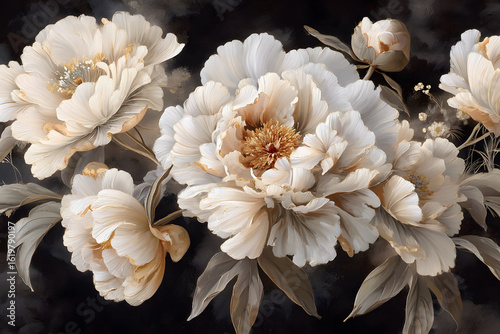 Fototapeta Naklejka Na Ścianę i Meble -  Elegant white peonies with golden accents on dark background