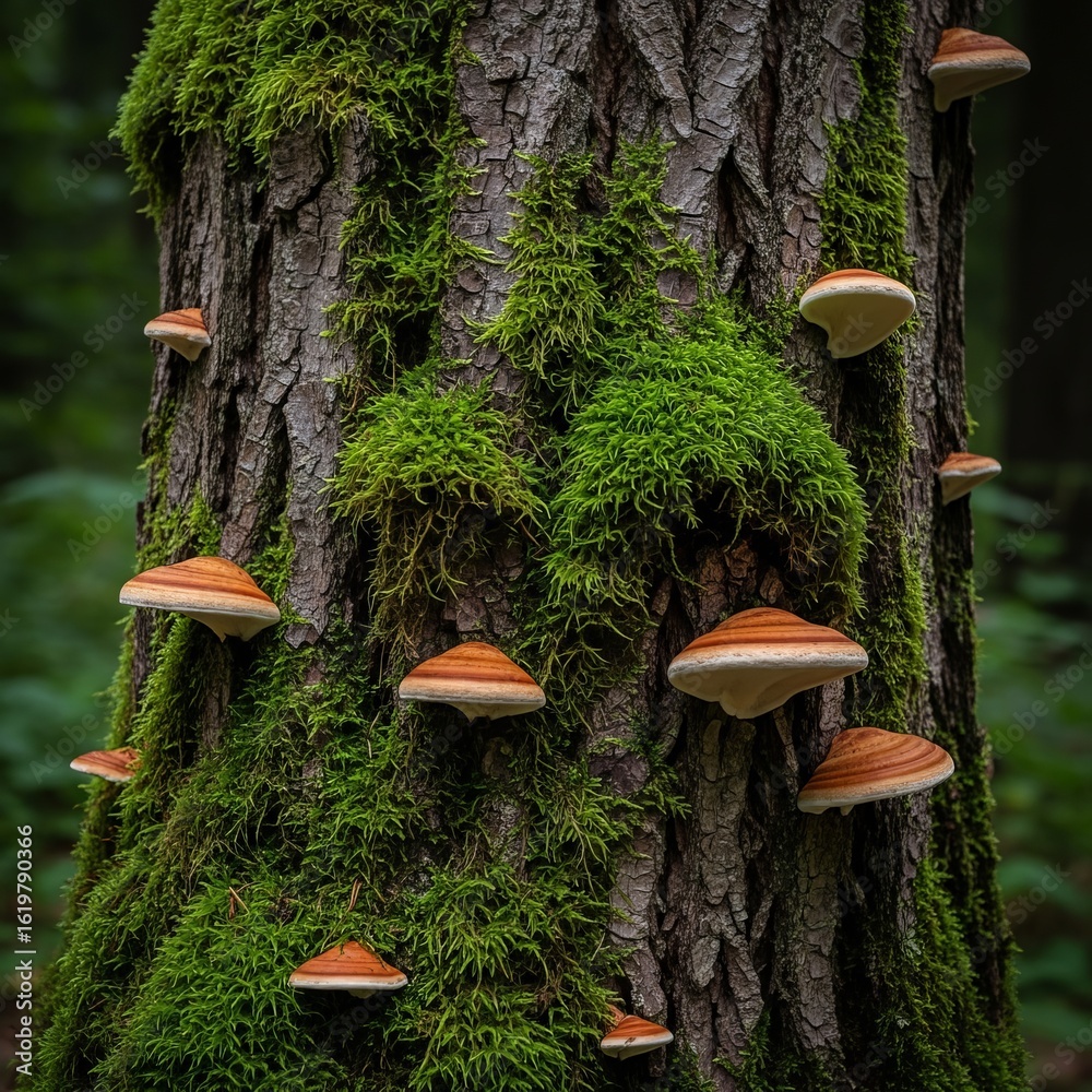 Fototapeta premium A tree trunk covered in green moss and shelf mushrooms in a forest environment nature photography